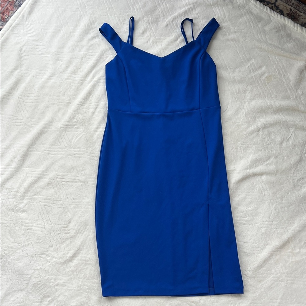 Express Cobalt Blue Bodycon Dress with Double Straps & Side Slit | Size L
